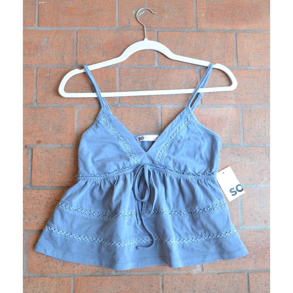 NWT SO Blue Lace Trim Babydoll Cami Top Y2K Coquette Cottagecore Peplum - XS